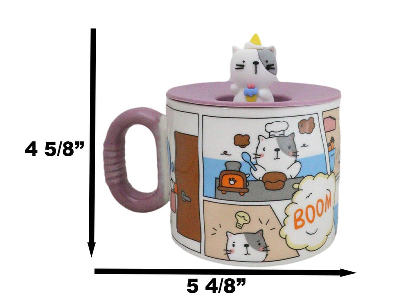 Whimsical Kitty Cat With Kung Fu Diary Cartoon Ceramic Mug With Silicone Lid