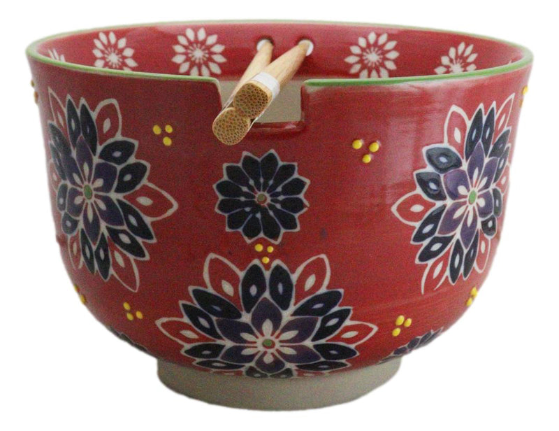 Red String Flowers Floral Art Large 24Oz Donburi Ramen Bowl With Chopsticks Set