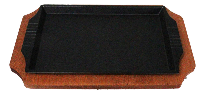 Personal Size Cast Iron Rectangular Fajita Steak Pan Skillet With Wood Trivet