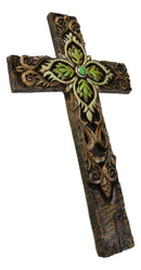 Rustic Faux Wooden Fleur De Lis Scrollwork With Green Leaf Foliage Wall Cross