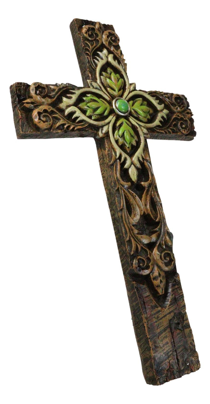 Rustic Faux Wooden Fleur De Lis Scrollwork With Green Leaf Foliage Wall Cross