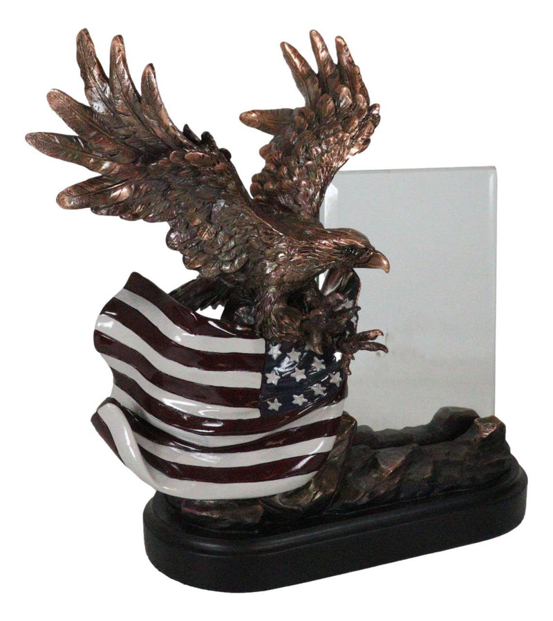 Patriotic American Bald Eagle Perching On Flag Photo Frame Bronze Resin Figurine