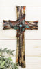 Rustic Western Faux Wood Floral Tooled Leather With Turquoise Rock Wall Cross