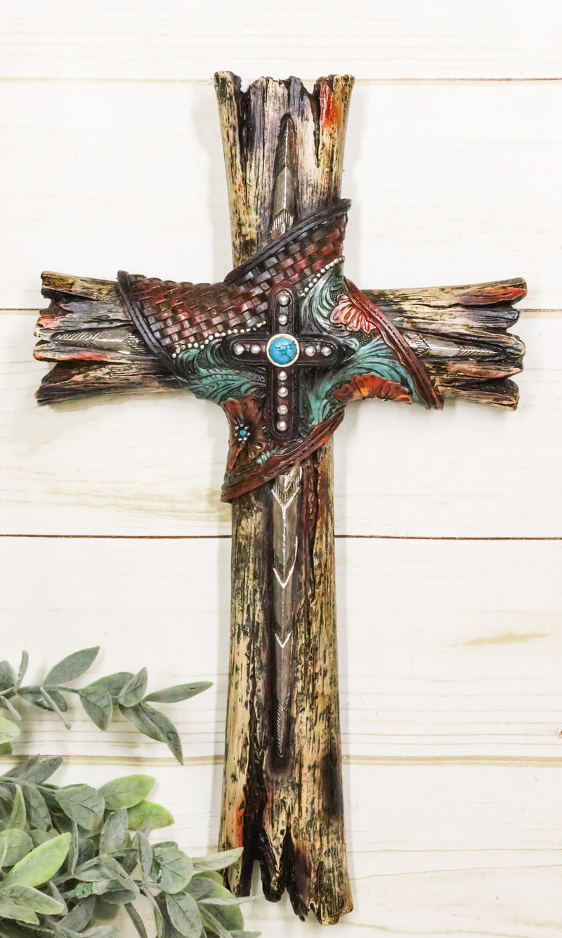 Rustic Western Faux Wood Floral Tooled Leather With Turquoise Rock Wall Cross