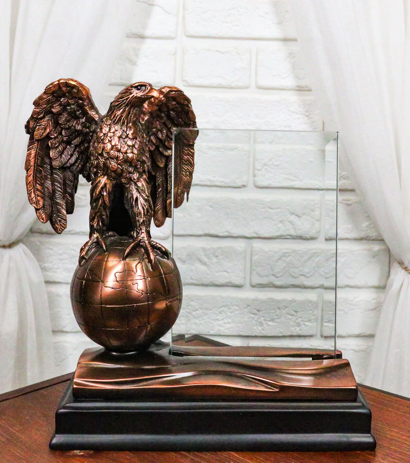 American Bald Eagle Perching On Atlas Globe Picture Frame Bronzed Resin Figurine