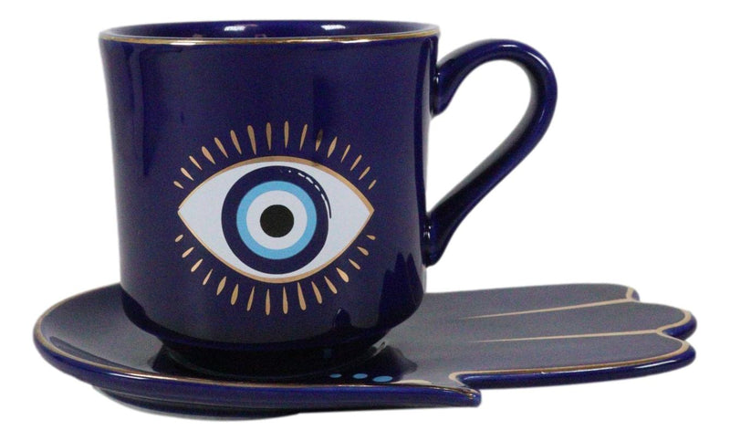 Blue Evil Eye Of Providence Hamsa Palmistry Hand Palm Mug Cup With Saucer Set