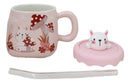 Bunny Rabbit Toadstool Mushrooms Pink Ceramic Mug With Silicone Lid And Straw