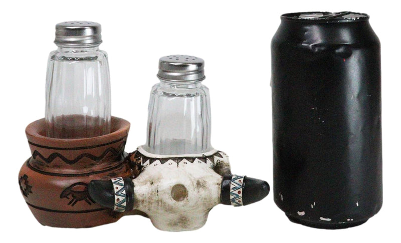 Southwestern Buffalo Cow Skull With Canister Jar Glass Salt Pepper Shakers Set