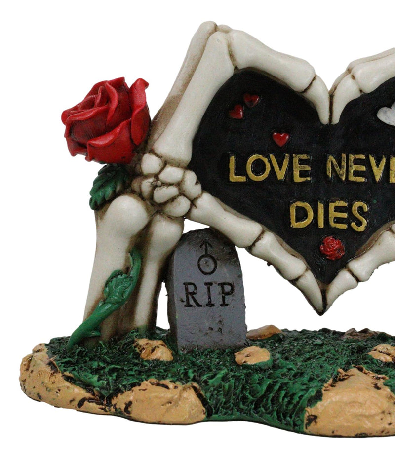 Red Roses Love Never Dies Skeleton Hand Heart Tombstones Cake Topper Figurine