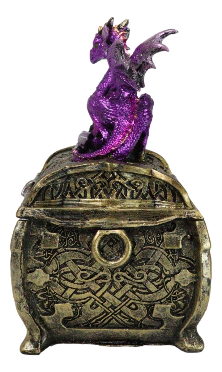 Metallic Purple Twilight Dragon Holding Rune Key On Treasure Chest Trinket Box