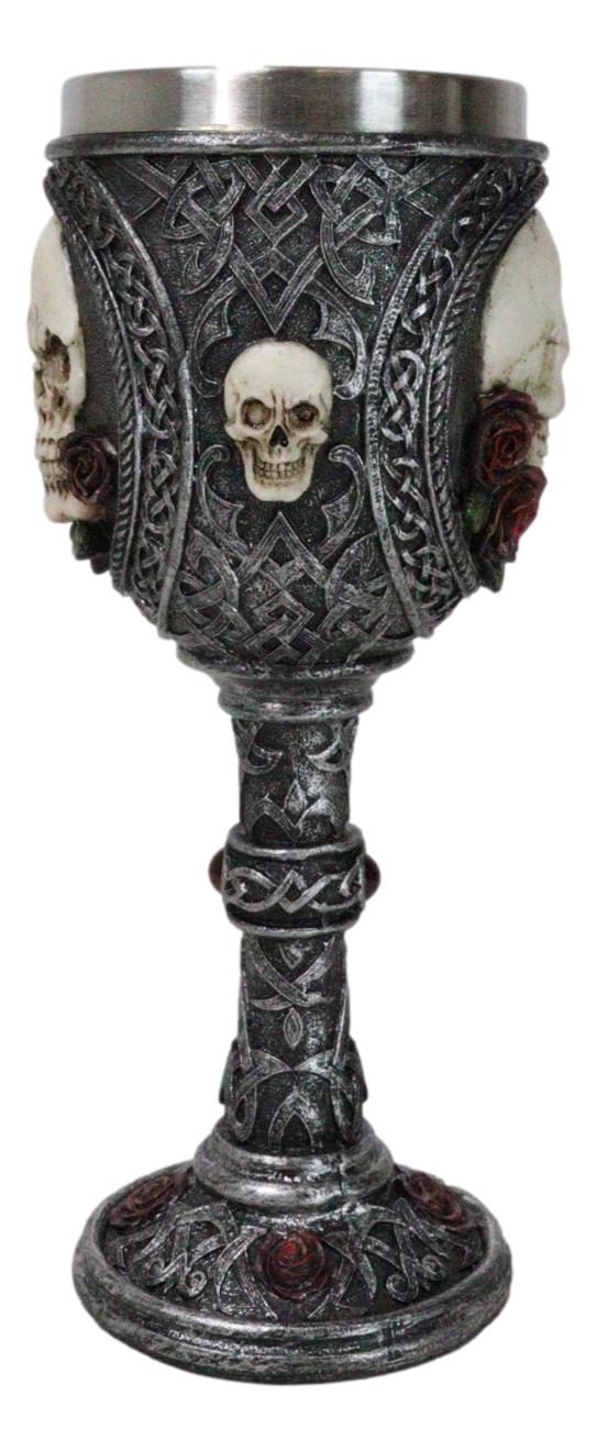 Love Never Dies Sugar Skull On Bed Of Red Roses Wine Goblet With Celtic Knotwork