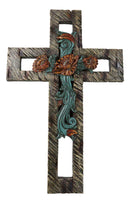 Rustic Western Faux Wooden Turquoise Roses Floral Motif Layered Wall Cross Decor