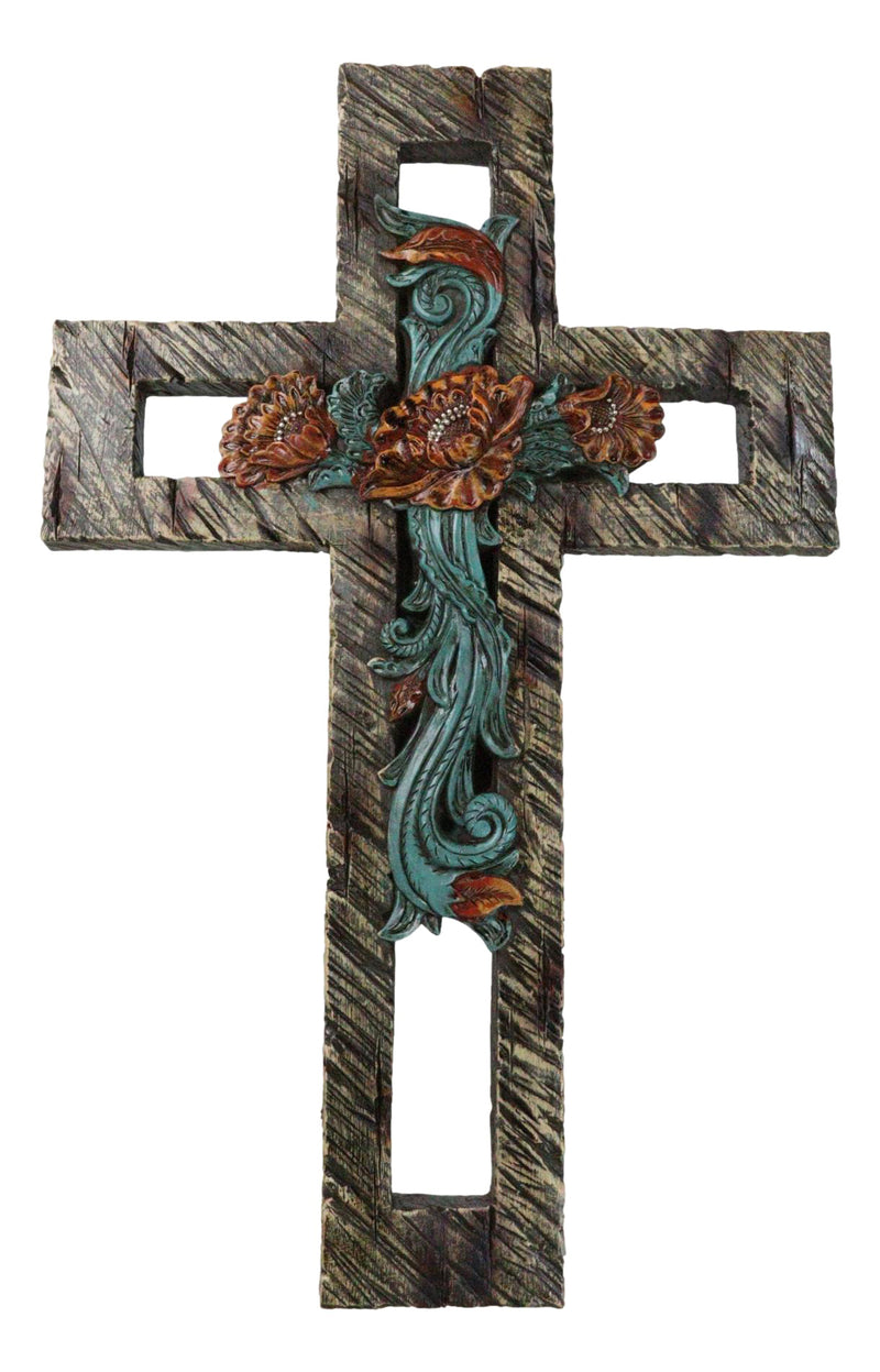 Rustic Western Faux Wooden Turquoise Roses Floral Motif Layered Wall Cross Decor