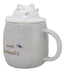 Whimsical Grey Chubby Feline Kitty Cat Cup Mug With Lid And Stirring Spoon