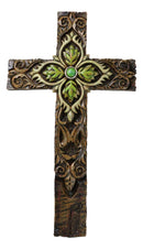 Rustic Faux Wooden Fleur De Lis Scrollwork With Green Leaf Foliage Wall Cross