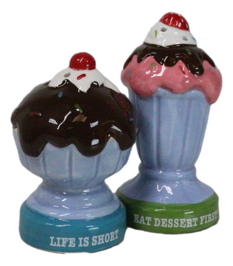 Dessert Ice Cream Fudge Sundae With Cherries Ceramic Salt and Pepper Shaker Set