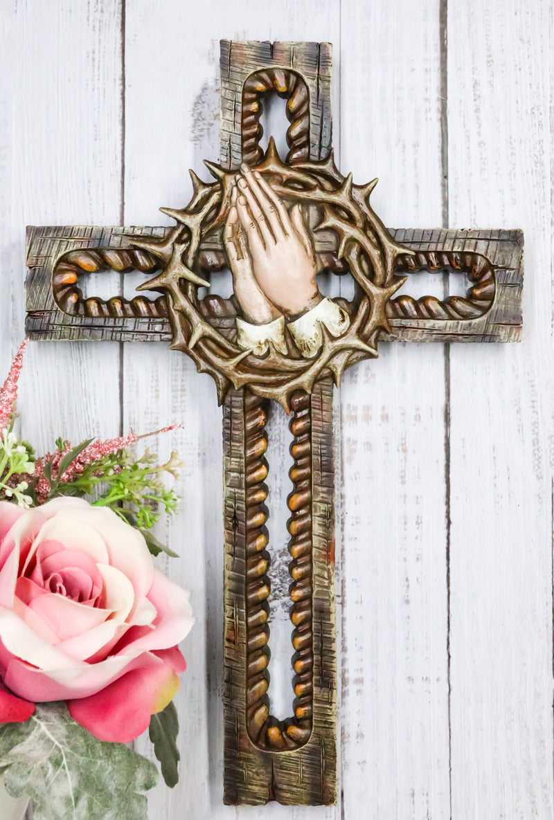 Praying Hands With Crown of Thorns Faux Wooden Rustic Cutout Wall Cross