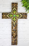 Rustic Faux Wooden Fleur De Lis Scrollwork With Green Leaf Foliage Wall Cross