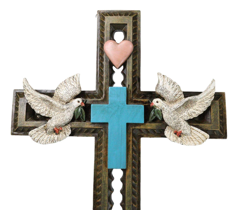 Rustic Turquoise Blue With Holy Bible White Doves Heart Faux Wooden Wall Cross