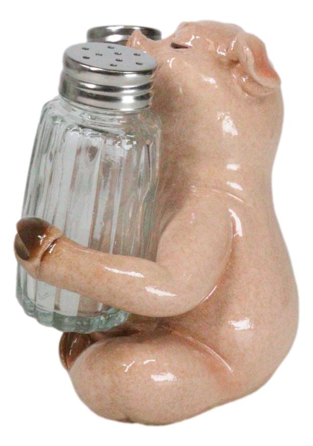 Rustic Country Animal Farm Porky Pig Hugging Salt Pepper Shakers Holder Set