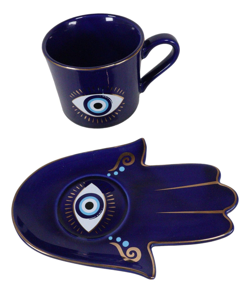 Blue Evil Eye Of Providence Hamsa Palmistry Hand Palm Mug Cup With Saucer Set