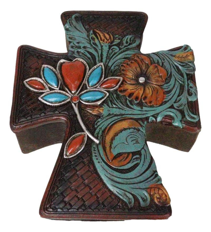 Rustic Western Turquoise Floral Scroll Faux Leather Cross Jewelry Trinket Box