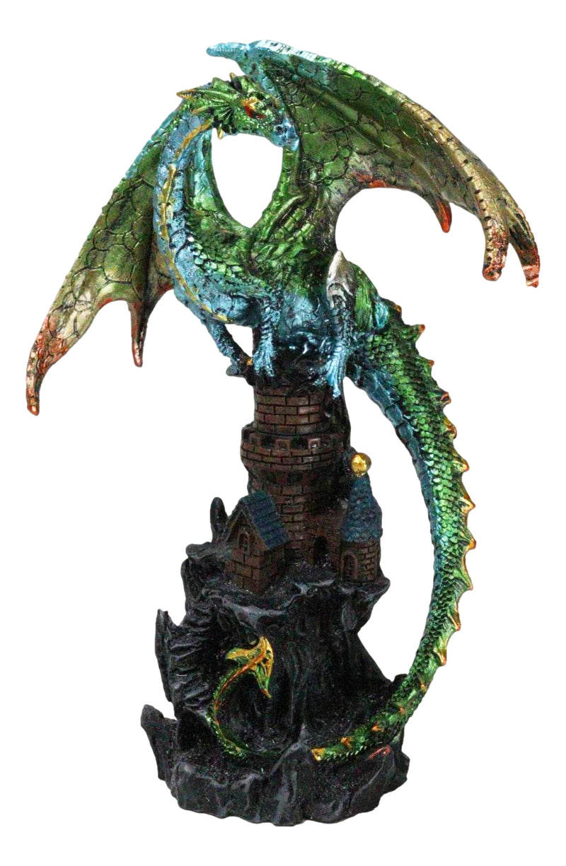 Metallic Green Dragon Perching On Rocky Mountain Stonewall Castle Tower Figurine