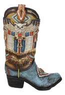 Southwestern Indian Beaded Turquoise Mystic Owl Faux Leather Cowboy Boot Vase