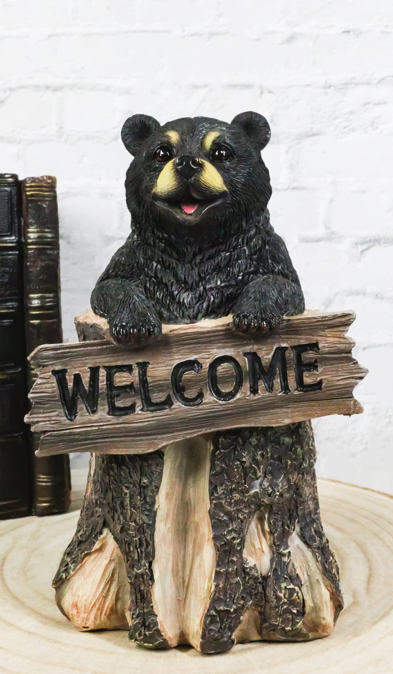 Whimsical Forest Black Bear On Tree Log Holding Welcome Plank Sign Figurine 7"H