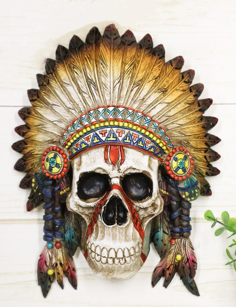 Native American Indian Chief Warpath Skull with Headdress Wall Decor Plaque