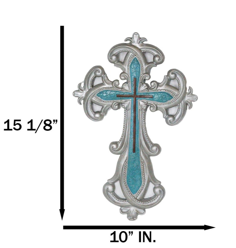 Southwestern Silver Fleur De Lis Scroll Art With Layered Turquoise Wall Cross