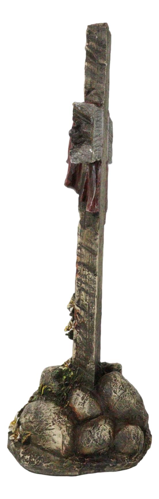 Faux Distressed Wood Scarlet Robe With Rose Of Sharon Standing Cross On Rocks