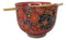 Colorful Spring Flowers Ceramic Donburi Ramen Soup Red Bowl With Chopsticks Set