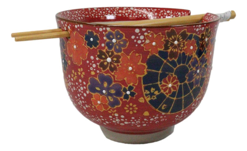 Colorful Spring Flowers Ceramic Donburi Ramen Soup Red Bowl With Chopsticks Set