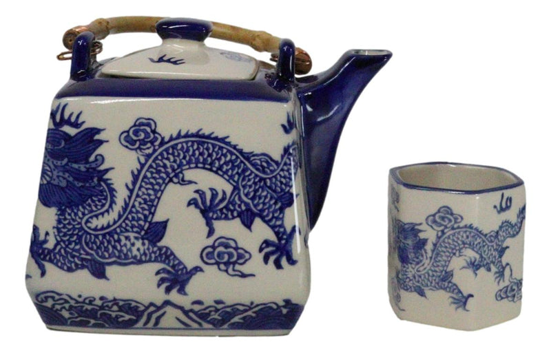 Heavenly Blue Oriental Ryu Dragon King Hexagonal Teapot With 4 Tea Cups Set