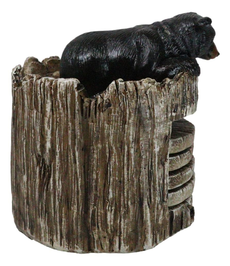 Western Rustic Forest Peeking Black Bear Tree Ring Paw Coasters And Holder Set