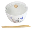 Whimsical Anime Cat With Fish Donburi Ramen Soup Bowl With Chopsticks And Lid