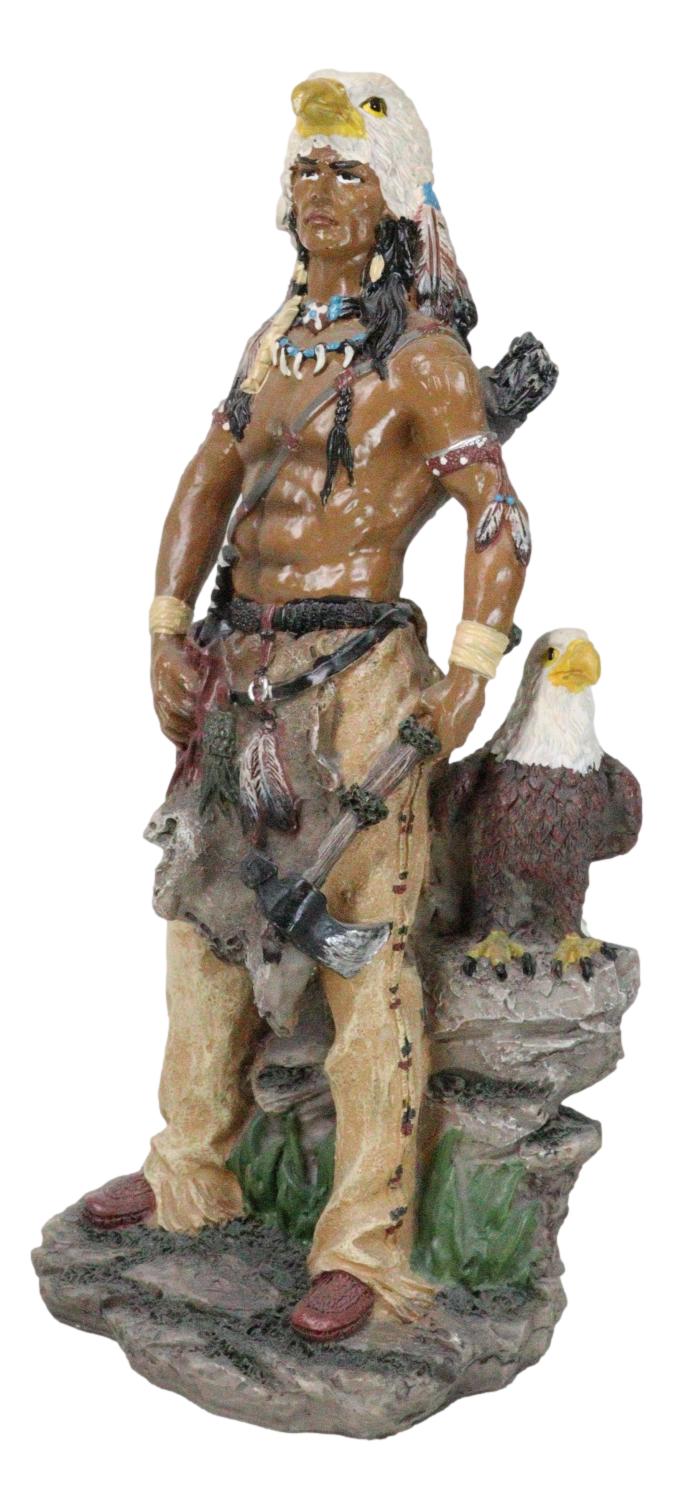 Sky Mountain Indian Tribal Eagle Warrior Chief Holding Axe With Bird Statue