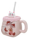 Bunny Rabbit Toadstool Mushrooms Pink Ceramic Mug With Silicone Lid And Straw