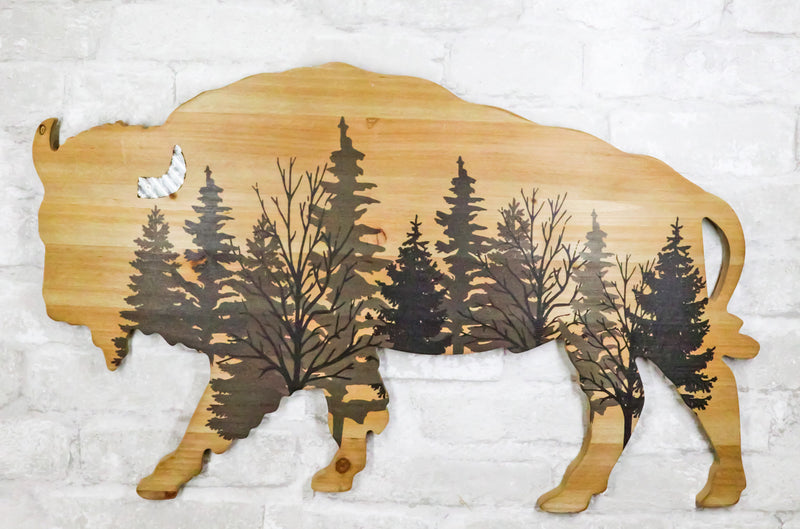 Western Bison Buffalo With Forest Silhouette Wooden Plank Cutout Wall Decor