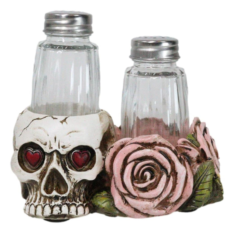 Day Of The Dead Skull With Red Heart Eyes Pink Roses Salt Pepper Shakers Holder