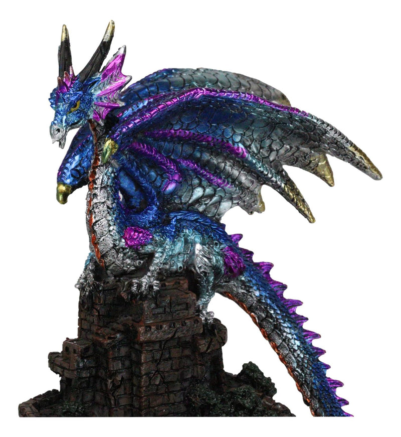 Purple Blue Dragon Perching On Stonewall Castle Ashtray Jewelry Dish Figurine