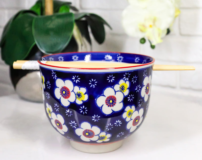 Blue Ume Plum Blossoms Ceramic Donburi Ramen Soup Red Bowl With Chopsticks Set