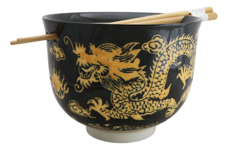 Black And Yellow Dragon King Ceramic Donburi Ramen Bowl With Chopsticks Set