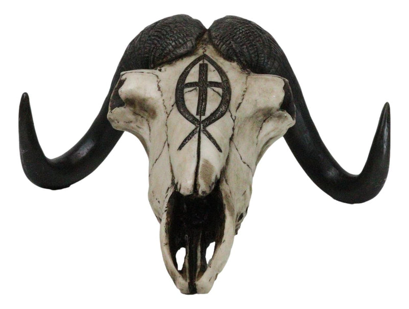 Rustic Western Musk Ox Cattle Bull Skull With Christian Ichthys Symbol Figurine