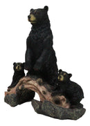 Rustic Forest Standing Black Bear and 2 Cubs On Faux Wooden Log Bridge Figurine