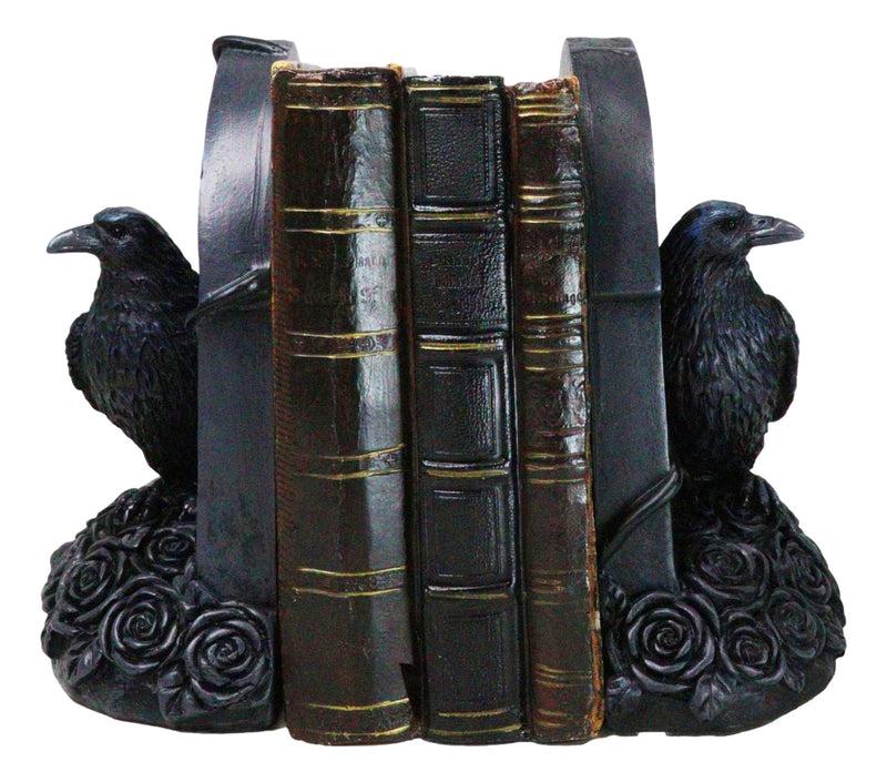 Dark Prophecy Raven Crow Perching On Black Roses Tombstone Figurine Bookends