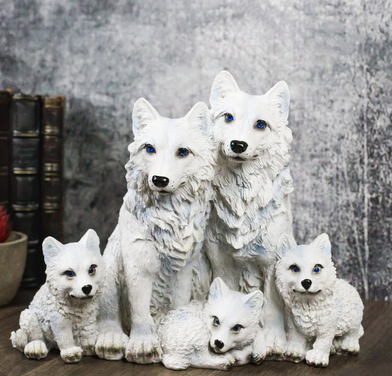 Winter Snow White Wolf Mother And Father Sitting With 3 Cubs Family Figurine