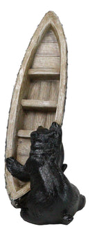 Western Rustic Forest Black Bears Moving A Canoe Boat To The River Figurine