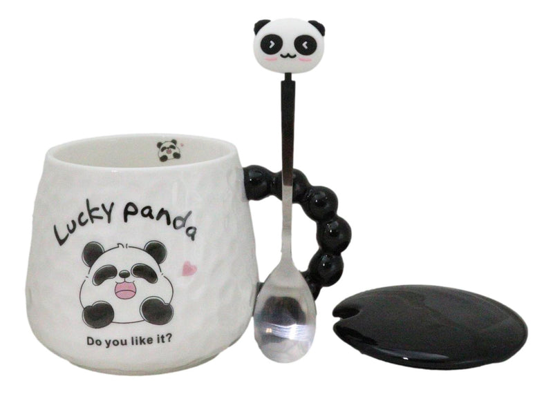 Ceramic Cute Lucky Laughing Panda Bear With Lid And Panda Head Spoon Mug Cup